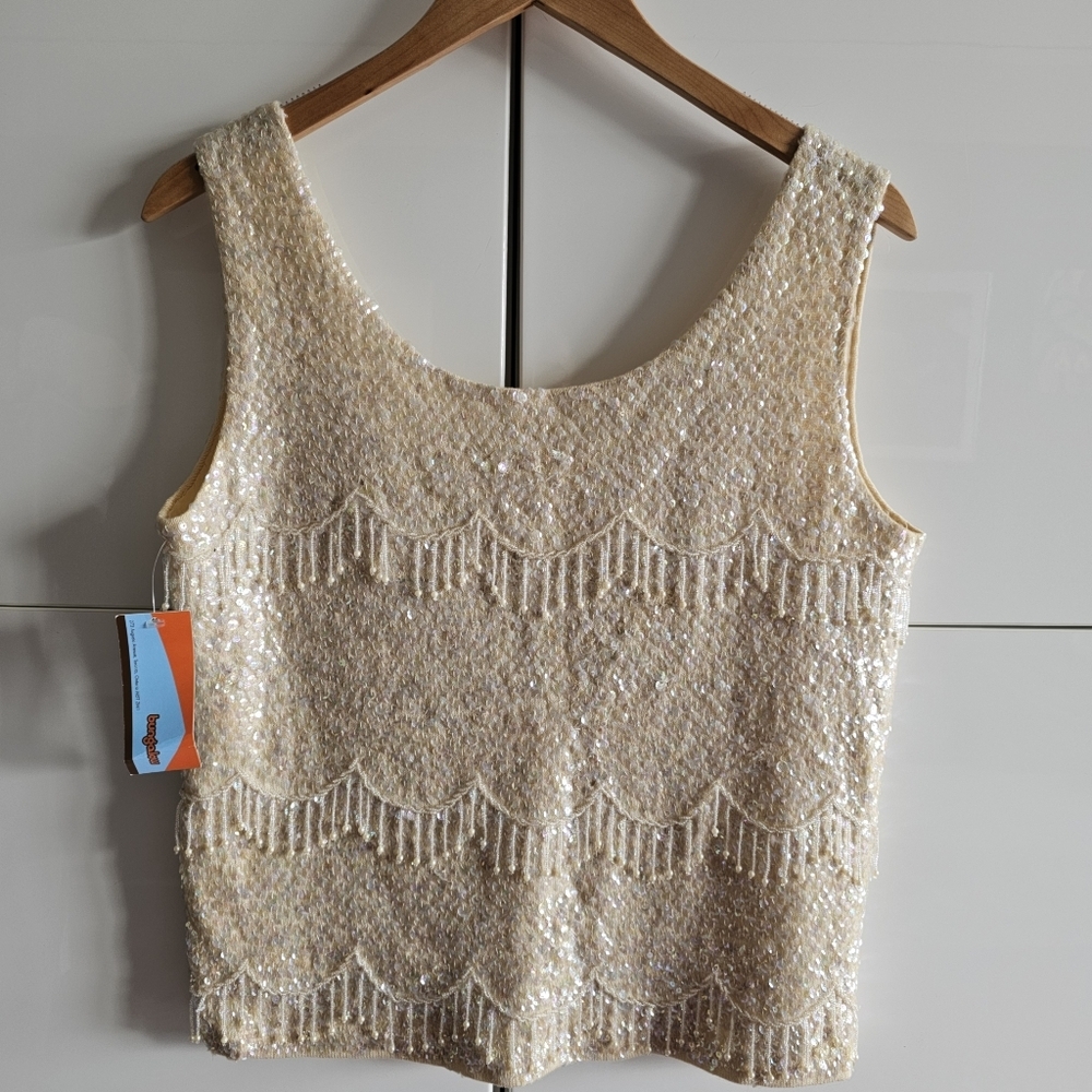 Sequin Embellished Cream Tank Top